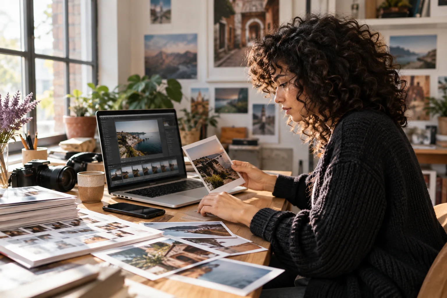 A creative professional planning social content using photographs and a laptop